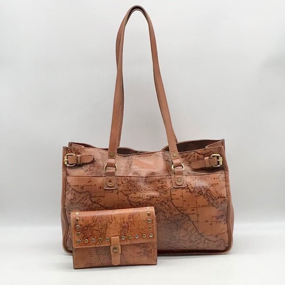 Patricia Nash Brown Leather Map Print Tote And Wallet - Picture 12 of 12